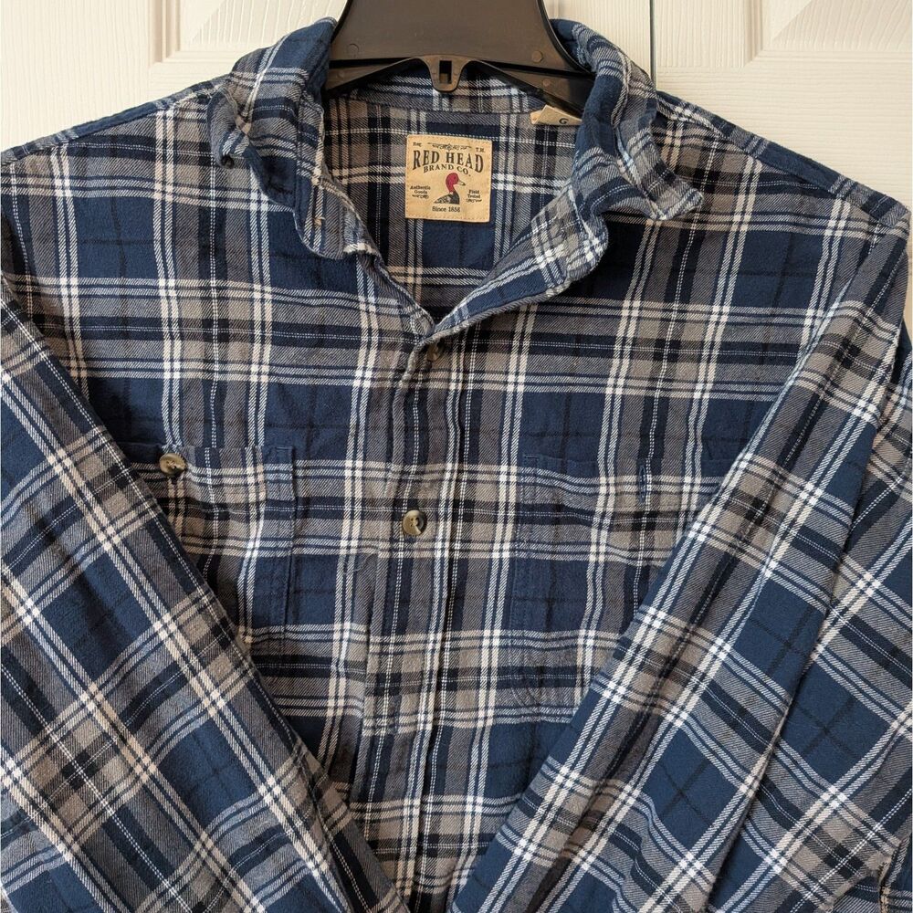 RedHead Heavy Flannel Button Up Shirt Mens L Blue Black Plaid Long Sleeve Cotton